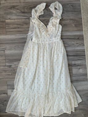 NWT Lulus Lovely Mood White Dress Gold Foil Dot Accent Tier Ruffle Flaw Midi XS